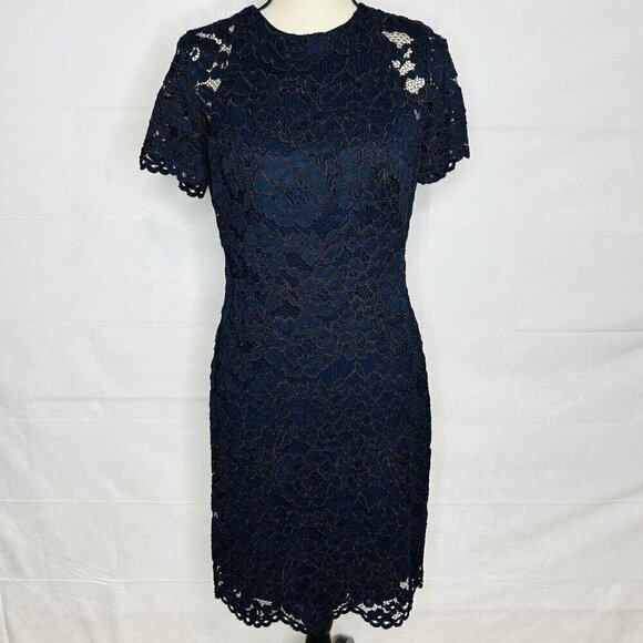 Lauren Ralph Lauren Scalloped Hem Lace Overlay Navy Blue Dress Size 10 - Picture 1 of 11